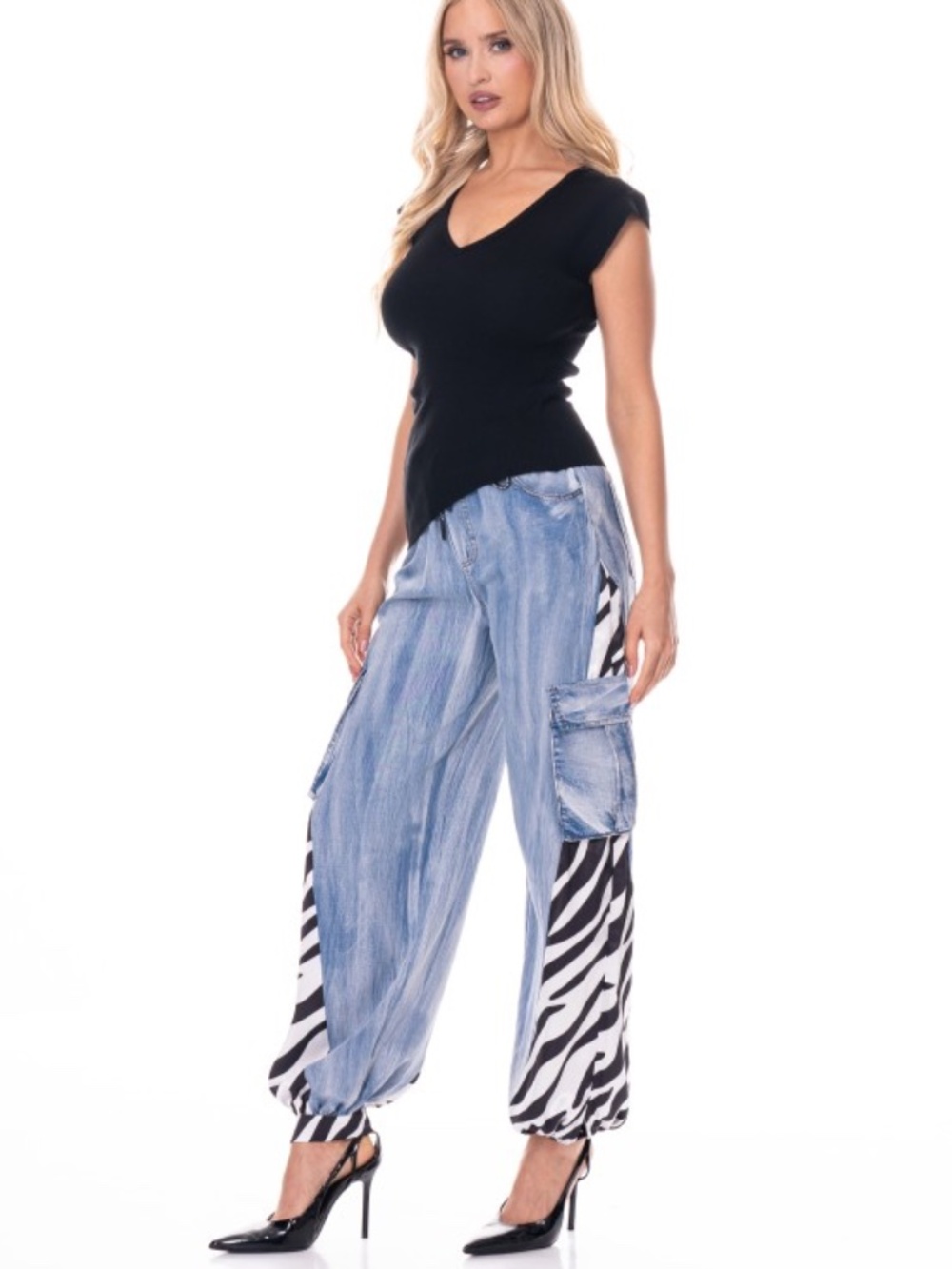 SM228 | Zebra Contrast Denim Cargo Pants